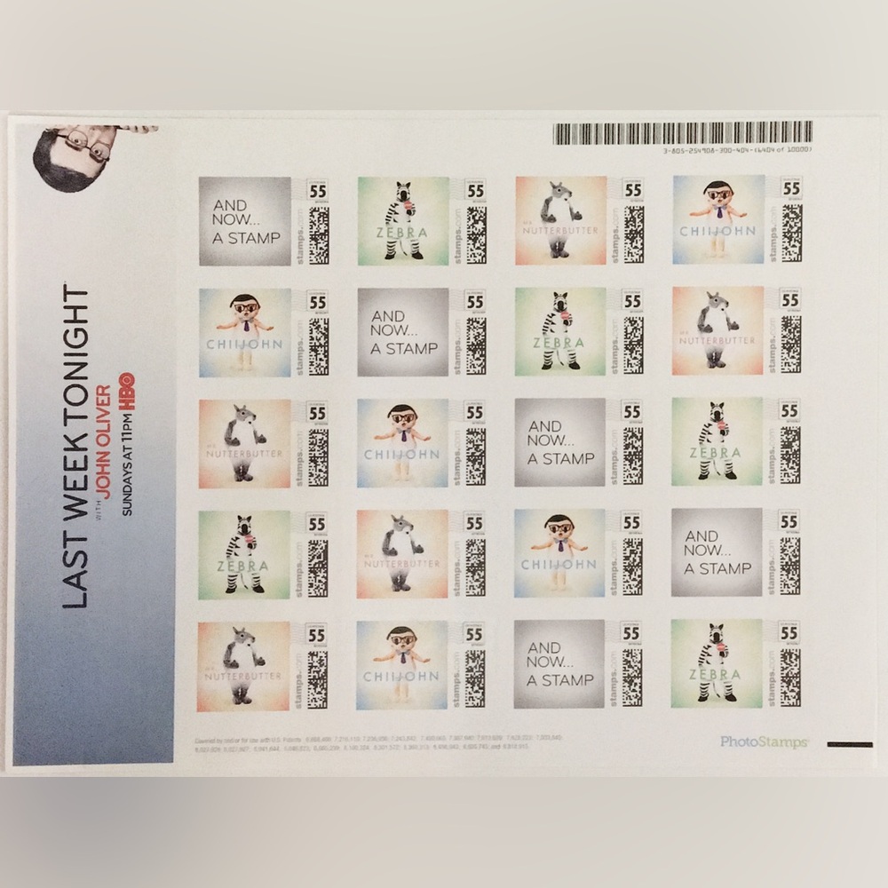 📺 “Last Week Tonight” PhotoStamps sheet — MNH